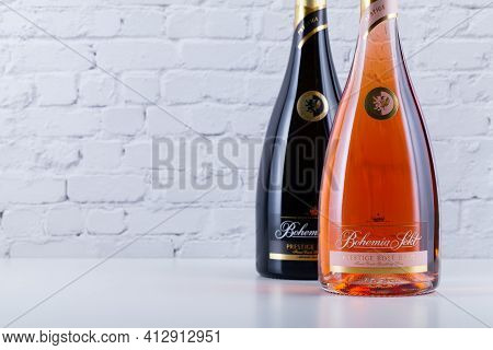 Prague,czech Republic - 10  January,2021: The Detail Of Two Bottles Bohemia Sekt On The Black Backgr