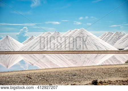 Salt Mountains In Bonaire. Salt Pyramids , Caribbean Island, Dutch Antilles. Salt Mountain Range. Sa