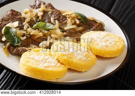 Liver With Onions Sage And Vinegar Fegato Alla Veneziana With Polenta Closeup In The Plate On The Ta