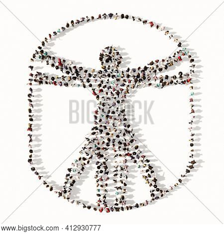 Concept or conceptual large gathering  of people forming an image of the vitruvius man on white background. A 3d illustration metaphor for architecture, renaissance, anthropology and physiology