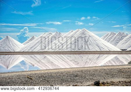 Salt Pyramids In Bonaire, Caribbean Island, Dutch Antilles. Salt Mountains, Salt Mountain Range. Sal