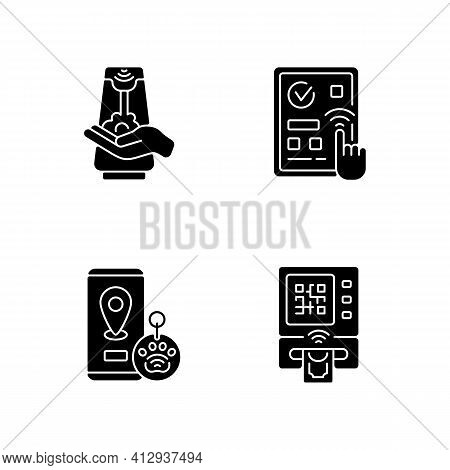 Contactless Technology Black Glyph Icons Set On White Space. Predictive Touch Technology To Reduce C