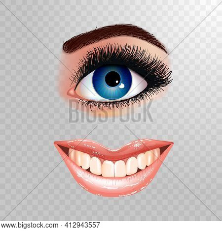 Set Of Beautiful Female Blue Eye With Extended Eyelashes And Shining Mouth With Glossy Lips. Smling 