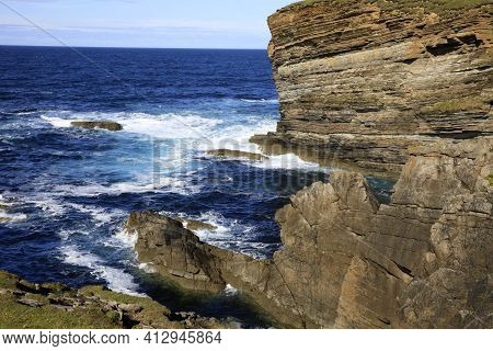 Yesnaby - Orkney (scotland), Uk - August 07, 2018: Yesnaby Cliffs Area, Stromnessr, Orkney, Scotland