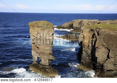 Yesnaby - Orkney (scotland), Uk - August 07, 2018: Yesnaby Cliffs Area, Stromnessr, Orkney, Scotland