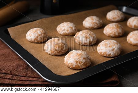 Tasty Homemade Gingerbread Cookies On Baking Tray, Closeup