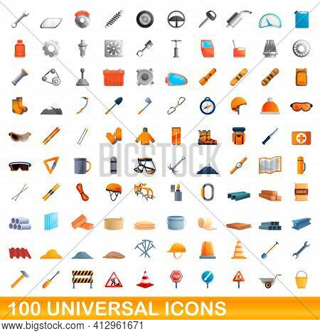 100 Universal Icons Set. Cartoon Illustration Of 100 Universal Icons Vector Set Isolated On White Ba