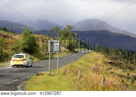 Loch Awel (scotland), Uk - August 15, 2018: The Landscape Near Loch Awe, Scotland, United Kingdom