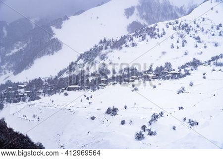 Village Zemo Mleta With Covered Snow, Beautifull Landscape, Georgia