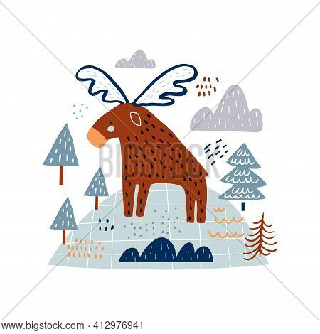 Cute Hand Drawn Moose In The Forest. Cartoon Creative Vector Illustration In Scandinavian Style