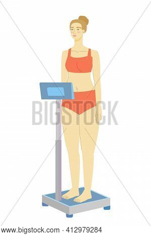 Woman On The Scales. Medical Scales. Weight Control. Girl On Electronic Scales. Stock Vector Illustr