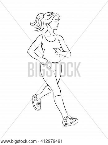 A Beautiful Slender Girl Is Running. Sports Training. Vector Outline Illustration. Isolated On White