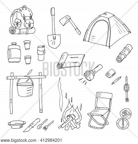 Hiking Icons Set. Vector Collection Of Tourist Equipment