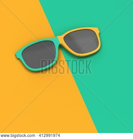 Modern Singlasses Divided In Two Colors. 3d Illustration. Minimal Concept