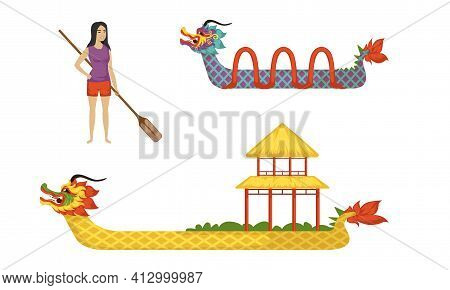 Dragon Boat As Chinese Wooden Watercraft And Female With Oar Vector Set