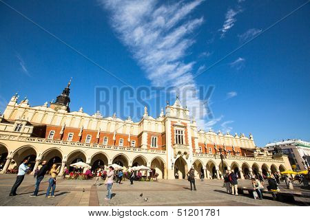 KRAKOW, POLAND - SEN 18: View of Main Market Square with the Renaissance Drapers' Hall, Sen 18, 2013 in Krakow, Poland. It dates to the 13th century, and at roughly 40,000 m.