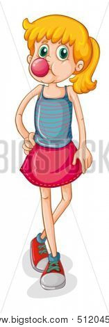 Illustration of a small girl eating bubble gum on a white background