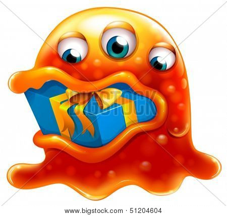Illustration of a monster swallowing a gift on a white background