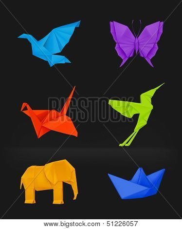 Origami vector set on black, multicolored