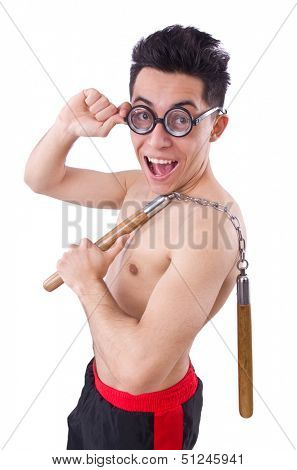 Funny guy with nunchucks on white