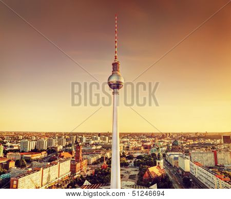 Tv tower or Fersehturm in Berlin, Germany at sunset