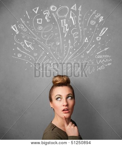 Pretty young woman with many sketched arrows pointed in different directions above her head