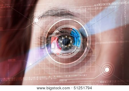 Modern cyber woman with technolgy eye looking