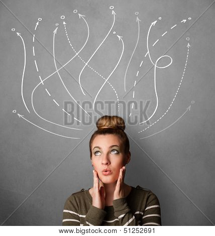 Pretty young woman thinking with arrows in different directions above her head