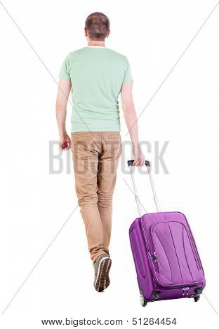back view of walking  man  with suitcase. brunette guy in motion. backside view of person. Rear view people collection. Isolated over white background. man with a travel bag away from us into distance
