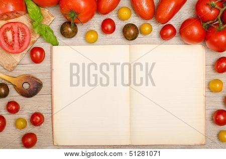 Frame Of Wet Tomatoes With Text Space In A Recipe Book