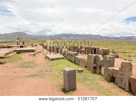 Panorama of megalithic stone complex Puma Punku