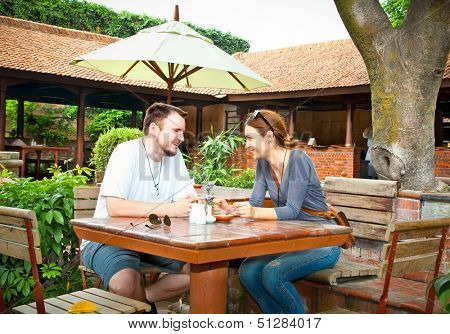 Couple in cafe in the Lalitpur city. Kathmandu valey, Nepal. 