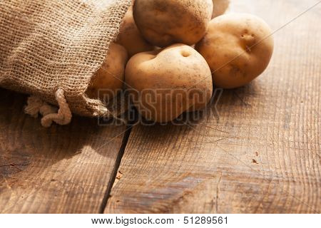 Fresh harvested potatoes spilling out of a burlap bag, on a old wooden palette. 