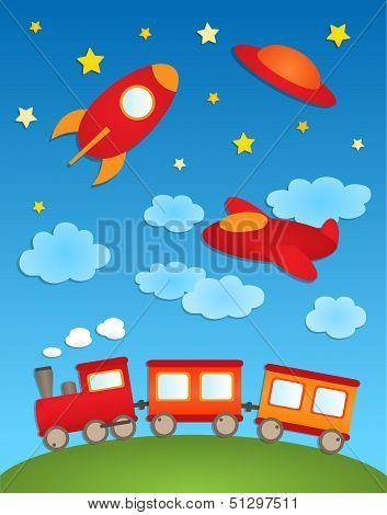 Background With Aircrafts And Train. Vector Paper Stickers