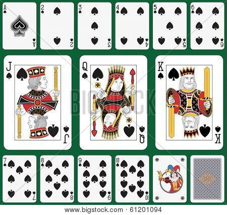 Playing cards spade suit, joker and back. Faces double sized. Green background in a separate level in vector file
