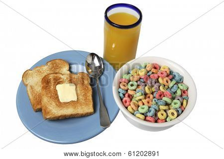 Breakfast still life with glass of orange juice, cereal, and buttered toast on white background
