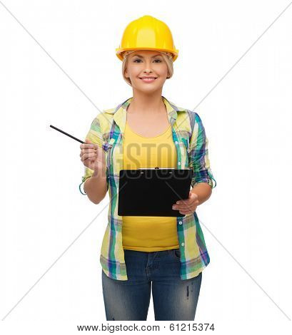 repair, construction and maintenance concept - smiling woman in helmet with clipboard