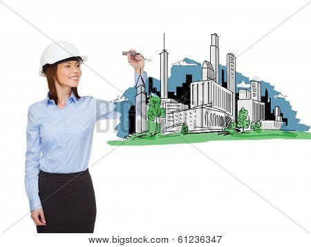 building, developing, consrtuction and architecture concept - smiling businesswoman in white helmet drawing city plan on virtual screen