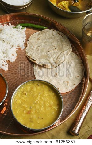 Gujarati Tuvar Dal dish with rice and roti