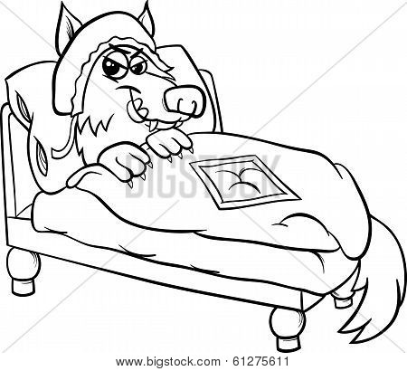 Black And White Cartoon Illustration Of Bad Wolf Character Pretending Grandma From Little Red Riding Hood Fairy Tale For Coloring Book Poster Id