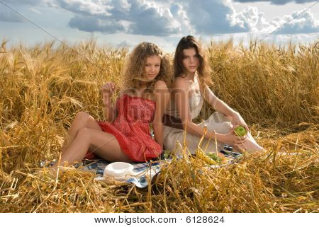 Twol chicas eslavas de picnic en el campo de trigo