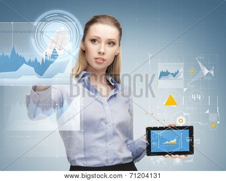 business, future technology, development and people concept - young businesswoman working with tablet pc and graph projections