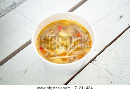 Chicken Soup With Noodles And Boiled Eggs