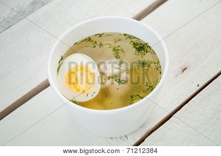 Chicken Soup With Noodles And Boiled Eggs