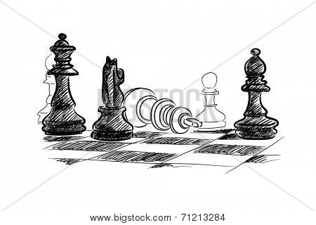 Conceptual sketch image with chess pieces on white background