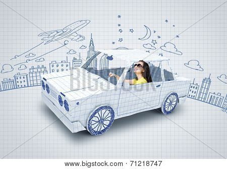 Young woman riding car made of list of paper