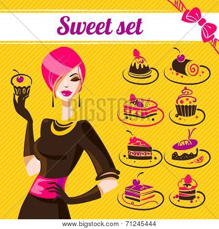 Sweet set, cakes icons