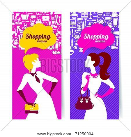 Banners with silhouette of shopping women