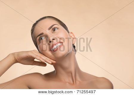 Portrait of girl holding hands near her face with clean and  fre