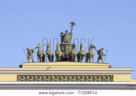 ST. PETERSBURG, RUSSIA - JUNE 30, 2008: Chariot of Glory on the arch of the General Staff building. Created in 1828, the sculptural group was restored several times, last time in 2000-2003
